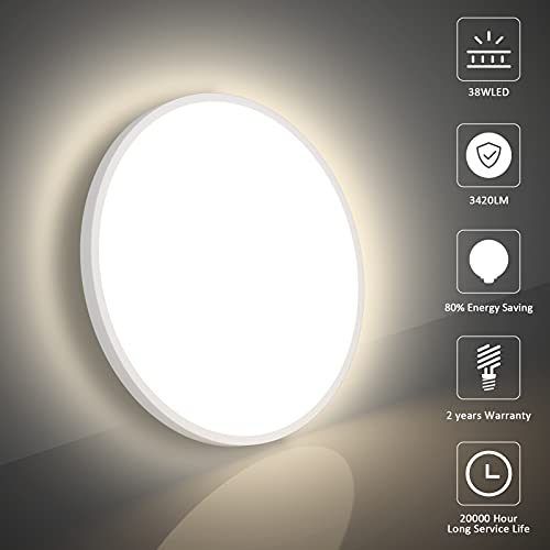 K-Bright Lámpara de Techo Moderna 38W Plafón Led Redonda Ultra Delgado Downlight Blanco Natural 4500K 3240LM adecuada para Cocina, Balcón, Dormitorio, Corredor, Ø40cm, No-Regulable