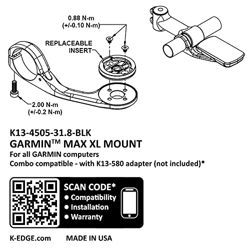 K-EDGE Garmin MAX XL Mount, 31.8mm, Anodize Repuestos, Adultos Unisex, Black (Negro), Talla Única