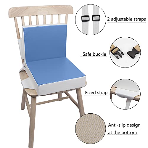 Kalawen Elevador de asiento para niño, 2 piezas, cojín de asiento para niños de poliuretano lavable, silla portátil, elevador con correas, cojín para niños de más de dos años, color azul