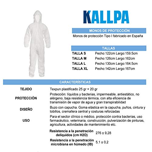 KALLPA Monos de protección - Polipropileno, plastificado, Buzo de Trabajo Tipo I - Protege de líquidos y bacterias, Impermeable, antiestático, no alérgeno y Gran transpirabilidad (1, XL)
