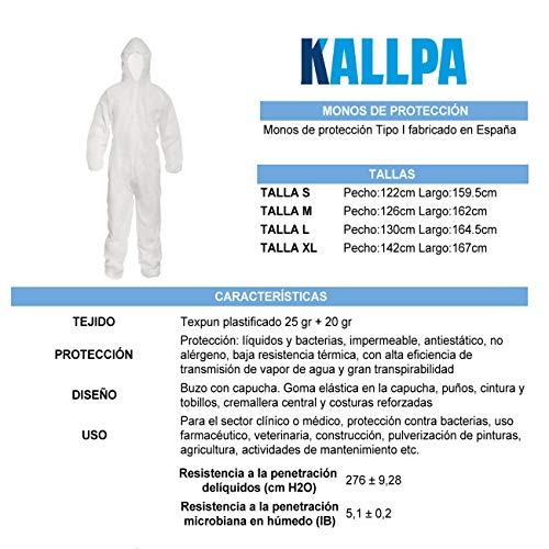 KALLPA Monos de protección - Polipropileno, plastificado, Buzo de Trabajo Tipo I - Protege de líquidos y bacterias, Impermeable, antiestático, no alérgeno y Gran transpirabilidad (1, XL)