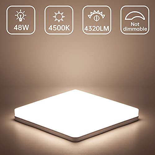 Kambo LED Lámpara de Techo Moderna 48W Cuadrada Blanca, Plafon Techo Led Moderno Blanco Neutro 4500K 30CM Para Baño Cocina Sala de Estar Dormitorio Pasillo Habitacion Comedor Balcón