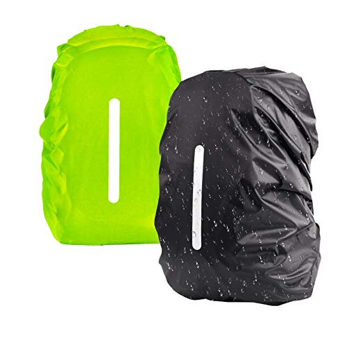 KATOOM 2PCS Funda Protectora para Mochila Cubierta Impermeable a Lluvia Tira Reflectante Seguridad/Viaje al Aire Libre/Aventura/a Prueba de Polvo/Ciclismo/Senderismo/Escuela (Negro+Verde M 30L-40L)