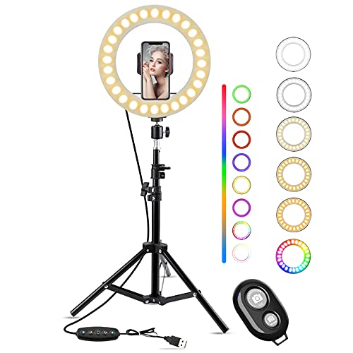 Keenstone - Anillo de luz LED con trípode de 10 Pulgadas, con Control Bluetooth,8 Colores RGB a 10 Niveles de Brillo para Maquillaje Live Stream TikTok Youtube