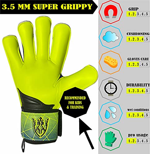 Keeperking Guantes de portero para adultos, niños, jóvenes, con y sin protección para los dedos, guantes de fútbol extraíbles, 4 mm, unisex, talla 6, color amarillo