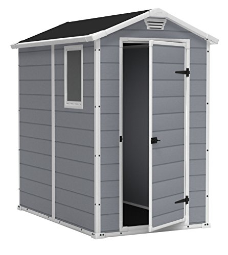 Keter Manor 4X6 S Shed- Caseta de jardín, con suelo, sistema de ventilación, puerta y ventana, resistente al agua, color gris