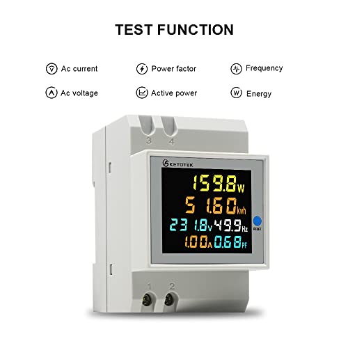 KETOTEK Medidor Energia Electrica Digital 6 en 1 AC40-300V 100A Voltímetro Amperímetro carril Din, Voltaje Corriente Amperaje Potencia Energía Factor de frecuencia Contador Electrico Monofasico