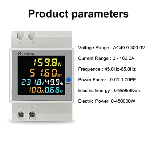 KETOTEK Medidor Energia Electrica Digital 6 en 1 AC40-300V 100A Voltímetro Amperímetro carril Din, Voltaje Corriente Amperaje Potencia Energía Factor de frecuencia Contador Electrico Monofasico