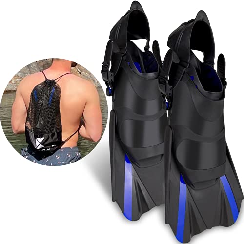 Khroom Aletas de buceo cortas ajustables, con bolsillo para colgar, tallas 36-47, aletas cortas para natación para adultos, mujeres y hombres, aletas de buceo (42-47)