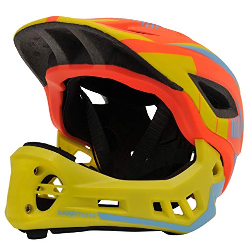 KIDDIMOTO - Casco Integral para Bicicleta, Patinete y Patinete con Protector de Barbilla Desmontable - tamaño Medio (53-58cm) - Color Amarillo y Naranja