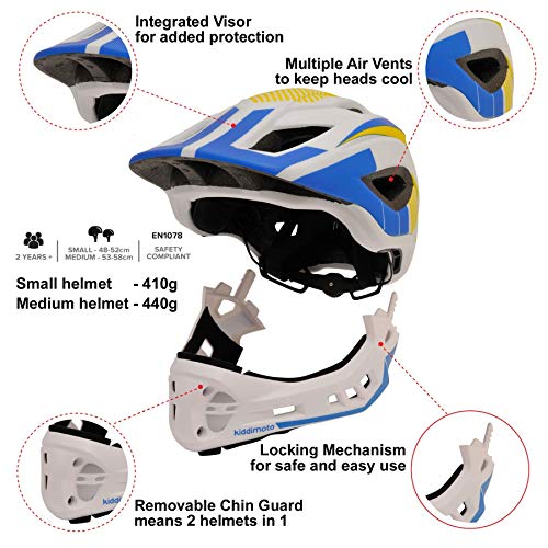 KIDDIMOTO - Casco Integral para Bicicleta, Patinete y Patinete con Protector de Barbilla Desmontable - tamaño Medio (53-58cm) - Color Blanc y Azul