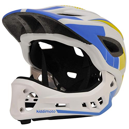 KIDDIMOTO - Casco Integral para Bicicleta, Patinete y Patinete con Protector de Barbilla Desmontable - tamaño Medio (53-58cm) - Color Blanc y Azul