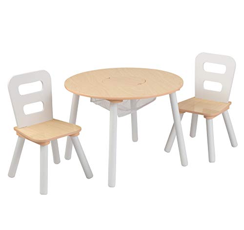 KidKraft 27027 Juego infantil de mesa redonda y 2 sillas de madera, muebles para salas de juego y dormitorio de niños, Natural y blanco