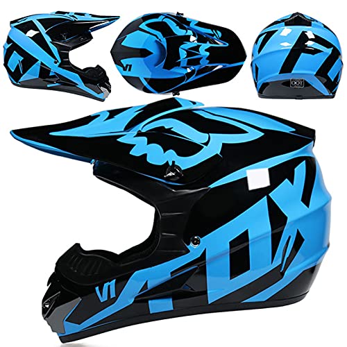 KILCVEM Casco de Moto - Casco de Cross Niños de 5 a 14 Años - Casco de Motocross Unisex Set Casco Integral para MTB BMX Descenso Casco de Seguridad con Diseño Fox - Negro Azul Brillante,S