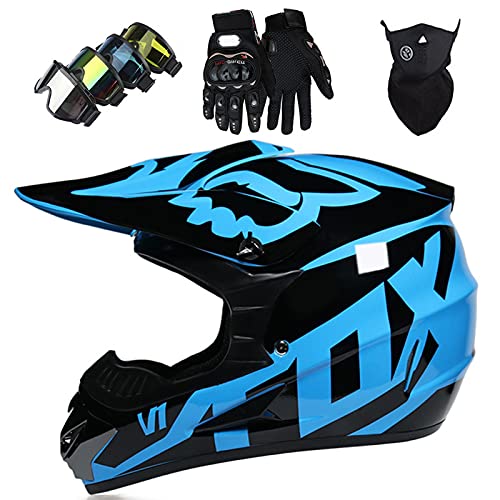 KILCVEM Casco de Moto - Casco de Cross Niños de 5 a 14 Años - Casco de Motocross Unisex Set Casco Integral para MTB BMX Descenso Casco de Seguridad con Diseño Fox - Negro Azul Brillante,S