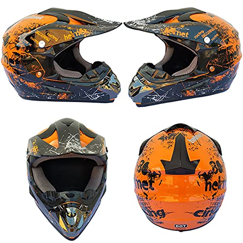 KILCVEM Casco de Motocross Niños Set (4 Piezas) Casco de Moto Cross para Jóvenes y Adultos, Casco Integral para BMX Quad Enduro ATV para Mujeres Hombres,Orange-XL