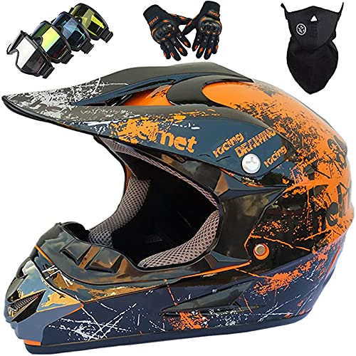 KILCVEM Casco de Motocross Niños Set (4 Piezas) Casco de Moto Cross para Jóvenes y Adultos, Casco Integral para BMX Quad Enduro ATV para Mujeres Hombres,Orange-XL