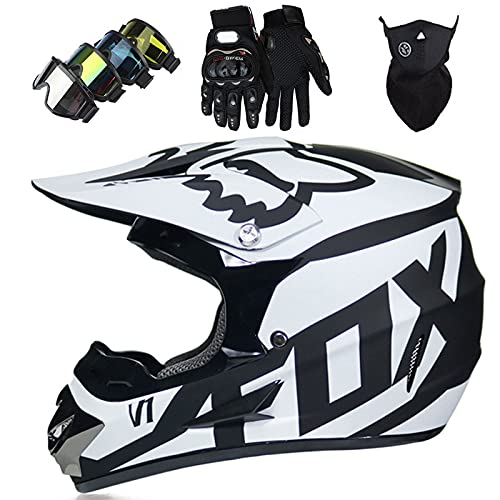 KILCVEM Casco Motocross Niño 5~12 Años ECE Homologado Casco Moto Integral Unisex para Moto Cross Descenso Enduro MTB Quad BMX Bicicleta (Gafas Máscara Guantes) con Diseño Fox - Blanco Negro,M