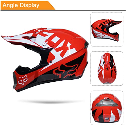 KILCVEM Casco Motocross Niño de 5~16 Años con Diseño Fox Casco Moto Integral para Moto Cross Descenso Enduro MTB Quad BMX Bicicleta con Gafas Guantes Máscara Red elástica - Rojo,L