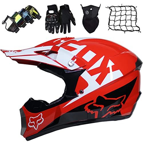 KILCVEM Casco Motocross Niño de 5~16 Años con Diseño Fox Casco Moto Integral para Moto Cross Descenso Enduro MTB Quad BMX Bicicleta con Gafas Guantes Máscara Red elástica - Rojo,L