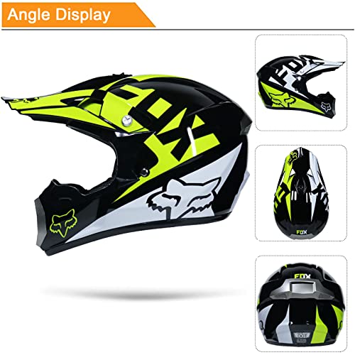 KILCVEM Casco Motocross Niño de 5~16 Años con Diseño Fox Casco Moto Integral para Moto Cross Descenso Enduro MTB Quad BMX Bicicleta con Gafas Guantes Máscara Red elástica - Negro Brillante,M