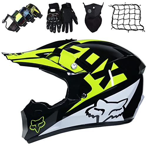 KILCVEM Casco Motocross Niño de 5~16 Años con Diseño Fox Casco Moto Integral para Moto Cross Descenso Enduro MTB Quad BMX Bicicleta con Gafas Guantes Máscara Red elástica - Negro Brillante,M