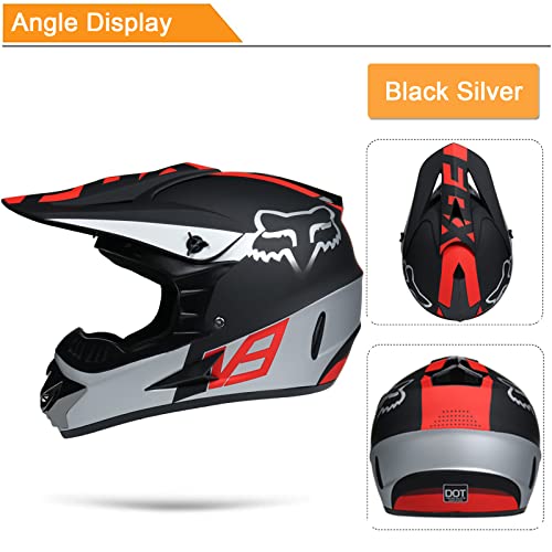 KILCVEM Casco Motocross Niños de 5 a 14 Años,Casco Moto Infantil con Gafas Guantes Máscara Red elástica,Casco Cross Integral Chico y Chica para Bici MTB Descenso Enduro,con Diseño Fox,Black Silver-S