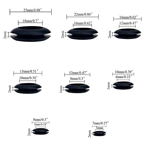 KINDPMA 180Pcs Pasacables de Goma Electrico Pasamuros Goma Arandelas de Goma para Cables Autos Motocicletas Negro 8 Dimensiones