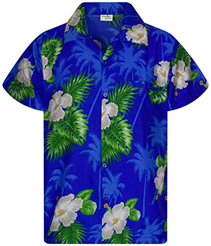 King Kameha Funky Casual Camisa hawaiana para niños y niñas bolsillo frontal muy fuerte, manga corta unisex con estampado de flores pequeñas - Azul - 12 años