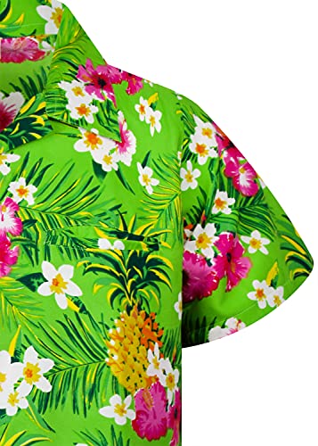 King Kameha Funky Casual Camisa hawaiana para niños y niñas bolsillo frontal muy fuerte manga corta unisex Piña flores Palms Print, Flores de Piña Verde, 6 Años