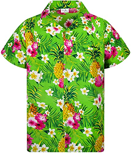 King Kameha Funky Casual Camisa hawaiana para niños y niñas bolsillo frontal muy fuerte manga corta unisex Piña flores Palms Print, Flores de Piña Verde, 6 Años