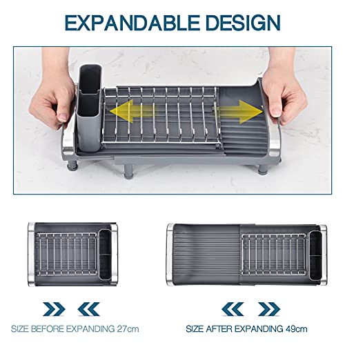 KINGRACK Escurridor de Platos Compacto Ajustable de Acero Inoxidable con Cesta de Cubiertos, Patas Antideslizantes, estantes de Placas antioxidantes para Fregadero de Cocina