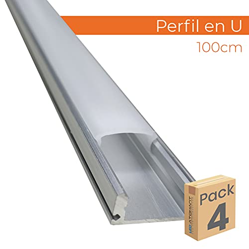 Kit 4x Perfil de Aluminio para Tira Led. Tapa Translucida. Incluye Tapones de extremos y Pestañas de Fijacion, 0 W, 1 metro, 4