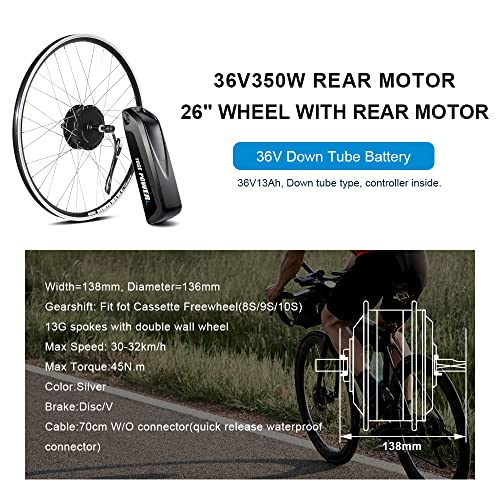 Kit de conversión para bicicleta eléctrica de 26", motor trasero de 26 pulgadas, E-Bike juego completo de 36 V 350 W solo para corona de rosca, sin corona de rosca con batería Hailong de 36 V 12,5 Ah