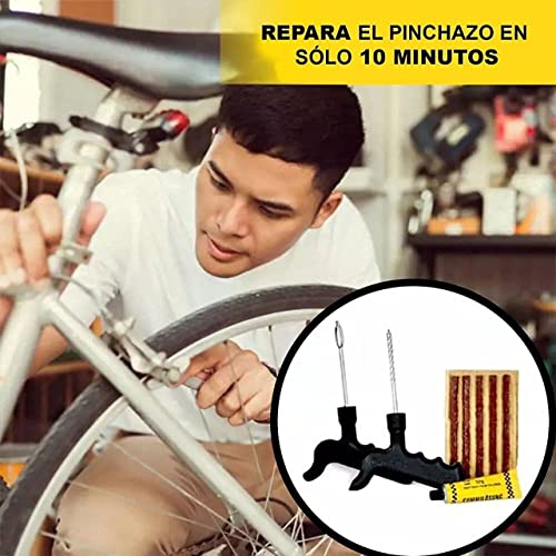 Kit de Reparación de Neumáticos - Kit Anti pinchazos para Todo Tipo de Neumáticos - 5 Mechas Antipinchazo Coche - Moto - MTB - Cola - 1 Herramienta en T en Espiral y 1 Herramienta en T de Inserción