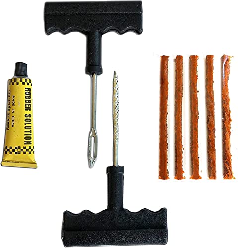 Kit de Reparación de Neumáticos - Kit Anti pinchazos para Todo Tipo de Neumáticos - 5 Mechas Antipinchazo Coche - Moto - MTB - Cola - 1 Herramienta en T en Espiral y 1 Herramienta en T de Inserción