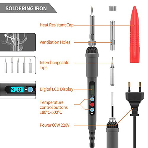 Kit de Soldador Eléctrico 27 PCS 60W Soldadores de Estaño 180-500℃ Pistola de Soldadura con Soporte 6 Puntas Multímetro Digital Alambre de Soldadura Pinzas Cortador Bolsa de Herramientas etc