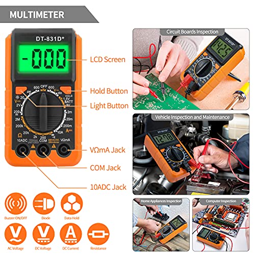 Kit de Soldador Eléctrico 27 PCS 60W Soldadores de Estaño 180-500℃ Pistola de Soldadura con Soporte 6 Puntas Multímetro Digital Alambre de Soldadura Pinzas Cortador Bolsa de Herramientas etc