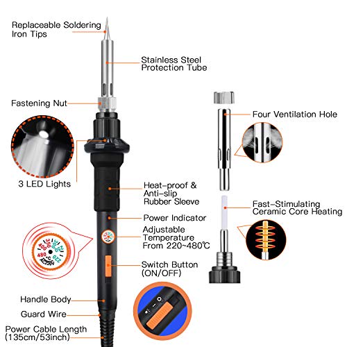 Kit de Soldador Eléctrico con Multímetro Digital,Preciva 60W Temperatura Ajustable Soldador Estaño,Soporte,50g Alambre de Soldadura,Pinzas,Bomba de Desoldar,5 Puntas y Bolsa de Herramientas etc