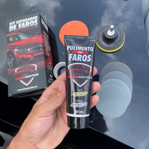 Kit Pulir Faros Desgastados para Restauración Faros Coche Lijar Limpiador Faros Opacos Pulimento ITV Amarillos Degradación Mejor Visibilidad y Seguridad Kit Competo para Uso Fácil en Casa BassMotor