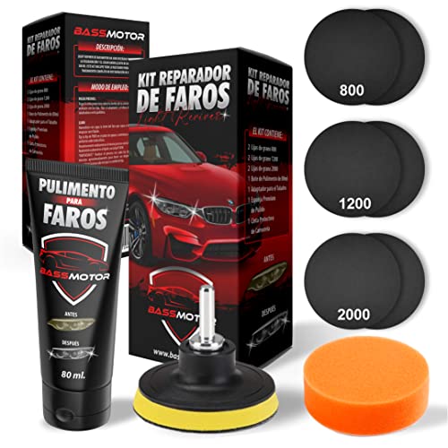 Kit Pulir Faros Desgastados para Restauración Faros Coche Lijar Limpiador Faros Opacos Pulimento ITV Amarillos Degradación Mejor Visibilidad y Seguridad Kit Competo para Uso Fácil en Casa BassMotor