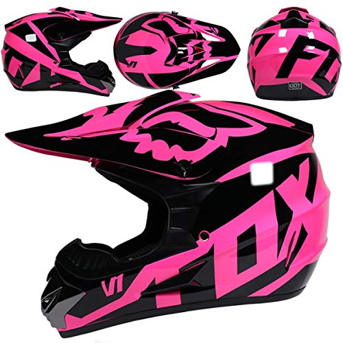 KIVEM Casco Motocross Niño Dot Certificación Casco de Moto para Niños Downhill.Cascos de Cross de Moto Set con Gafas/Máscara/Guantes - con Diseño de Fox - Rosa Brillante,M