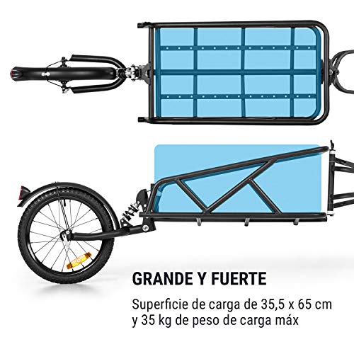 Klarfit Follower - Remolque para bicicleta, Superficie de carga: 35,5 x 25,5 x 65 cm, Carga máx. 35 kg, Estructura de acero, 1 rueda, Rueda de 16 pulgadas, Amortiguación dinámica, Reflectores, Negro