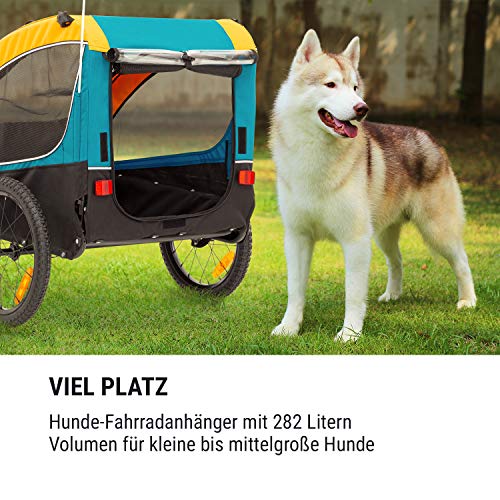 Klarfit Husky Race Carrito para Perros, Carro para Perros, Cochecito Perro, Remolque de Bicicleta para Perros - 282 L, Revestimiento Impermeable de PVC, Plegable, Resistencia 40 kg, Azul/Amarillo