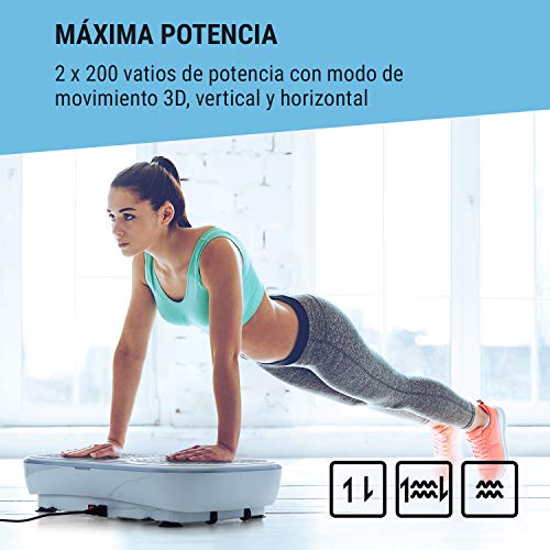 Klarfit Vibe 3DX Pro - Tabla vibratoria, para Todo el Cuerpo, Potencia: 2 x 200W, Modo 3D, Superficie de 71,5 x 36cm, 60 velocidades, EBook, 2 Cuerdas para Entrenar, Mando a Distancia, Blanco