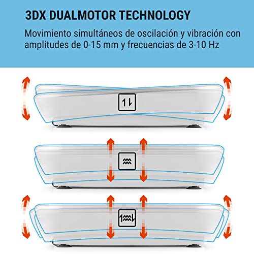 Klarfit Vibe 3DX Pro - Tabla vibratoria, para Todo el Cuerpo, Potencia: 2 x 200W, Modo 3D, Superficie de 71,5 x 36cm, 60 velocidades, EBook, 2 Cuerdas para Entrenar, Mando a Distancia, Blanco