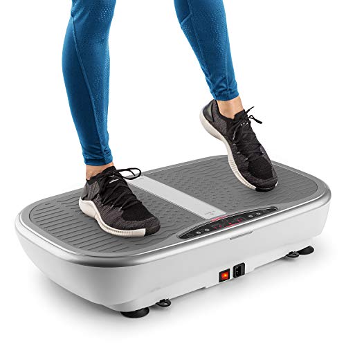 Klarfit Vibe 3DX Pro - Tabla vibratoria, para Todo el Cuerpo, Potencia: 2 x 200W, Modo 3D, Superficie de 71,5 x 36cm, 60 velocidades, EBook, 2 Cuerdas para Entrenar, Mando a Distancia, Blanco