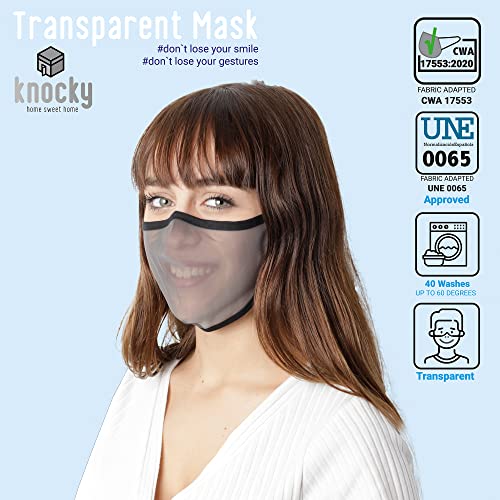 KNOCKY Mascarilla Transparente Homologada Reutilizable Color Negro. Mascarilla Deportiva de Tela. Certificación Europea CWA17553 y Certificación Española UNE0065, Fabricada en España.