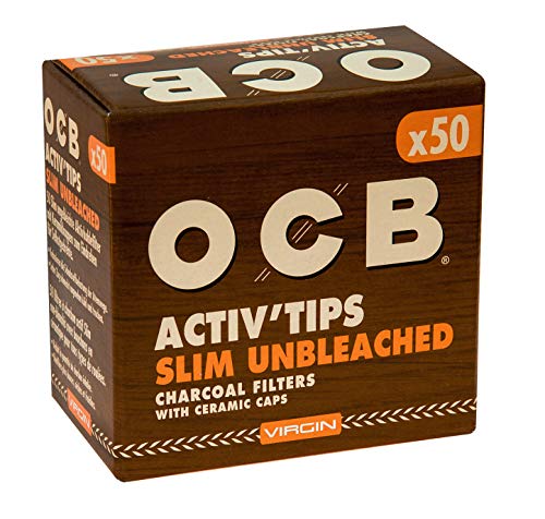 kogu OCB Activ Tips Slim Unbleached - Juego de 200 filtros de carbón activo (7 mm, 4 paquetes de 50 filtros de carbón activado, incluye funda)