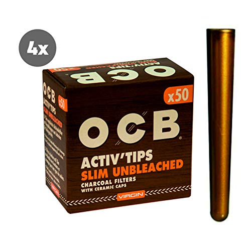 kogu OCB Activ Tips Slim Unbleached - Juego de 200 filtros de carbón activo (7 mm, 4 paquetes de 50 filtros de carbón activado, incluye funda)